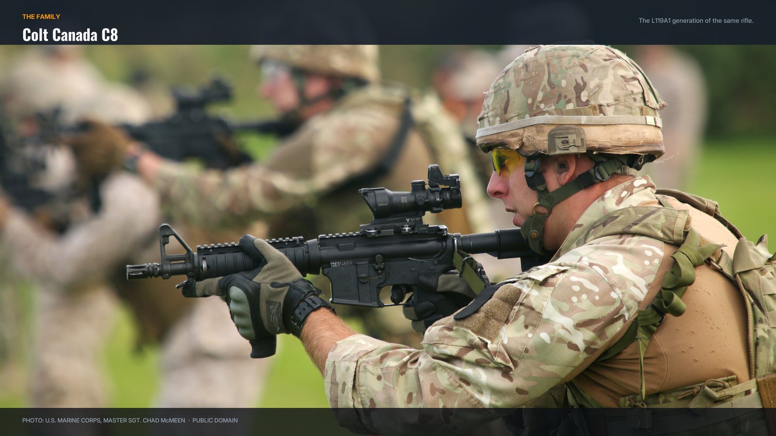 A British Royal Marine firing a Colt Canada C8 carbine during Exercise Tartan Eagle