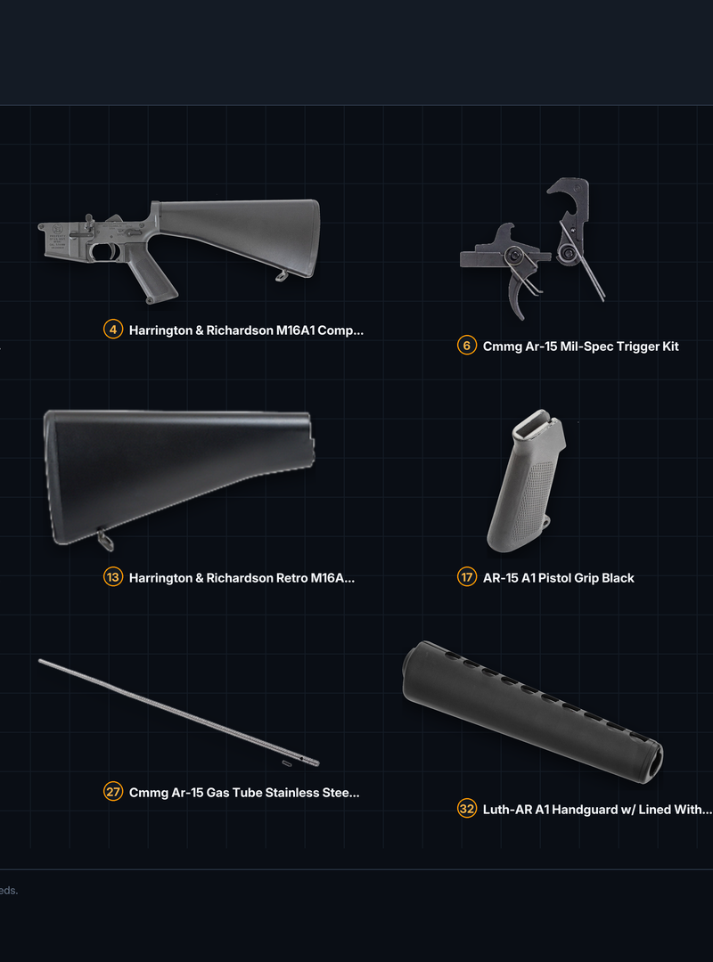 Overhead kit board of the M16A1 clone parts stocked on GunPartPicker