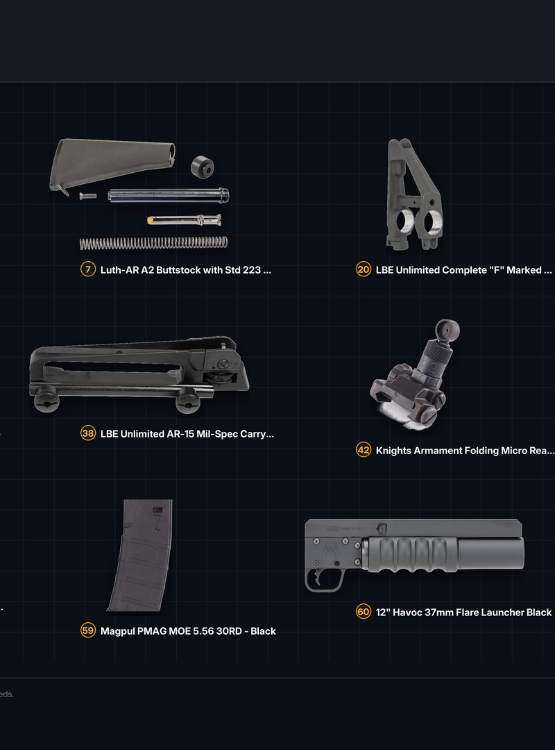 Overhead kit board of the M16A4 clone parts stocked on GunPartPicker