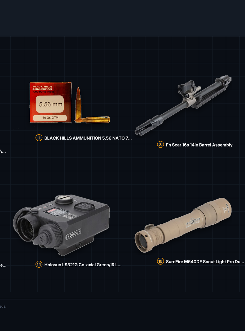 Tablero de kit visto desde arriba con las piezas del clon Mk16 Mod 0 listadas en GunPartPicker