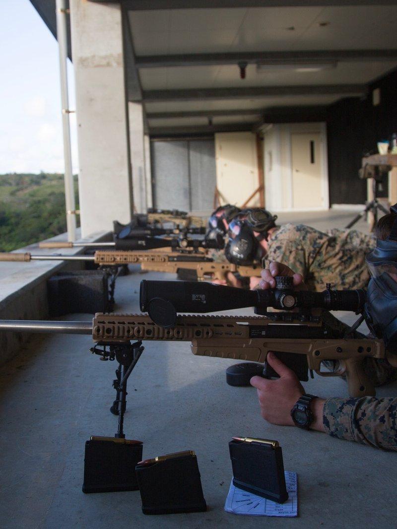 Marines con máscaras antigás tendidos a lo largo de una línea de tiro techada sobre colinas verdes; el más cercano apunta un Mk13 con chasis tan, supresor tan, mira negra y bípode, con tres cargadores negros llenos parados sobre el concreto frente a él