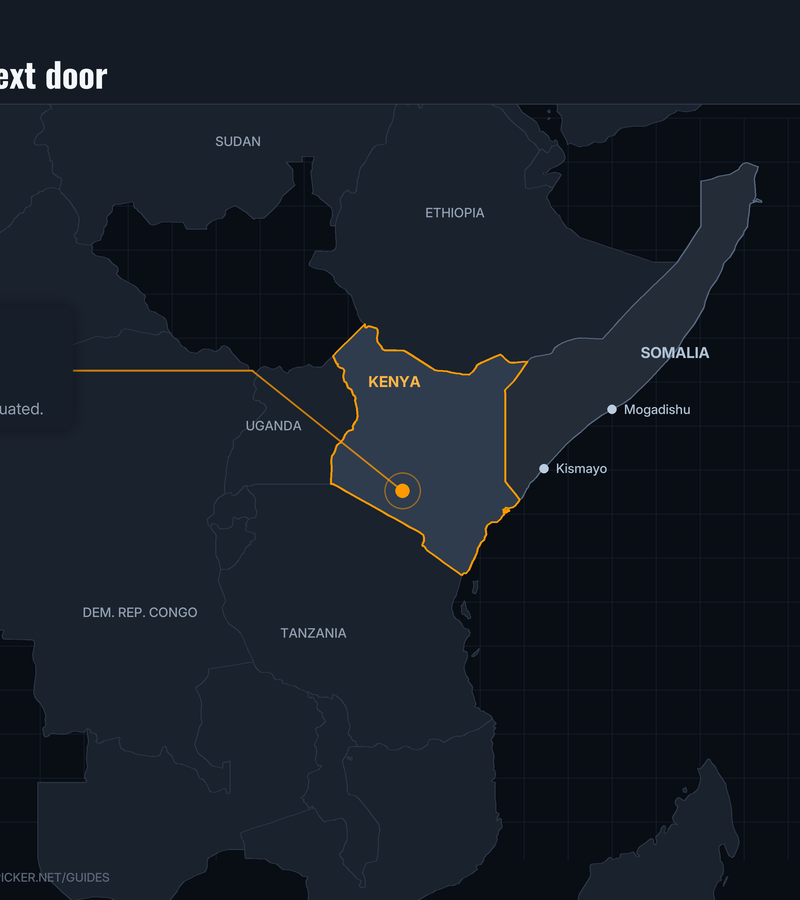 Map of East Africa with Kenya highlighted, marking the DusitD2 complex in Nairobi and al Shabaab's bases across the Somali border