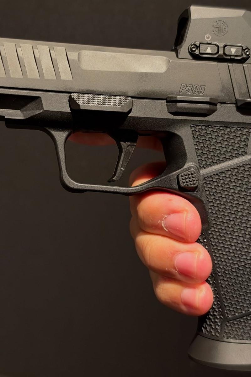 A SIG Sauer P385 held in front of a SIG banner, left side profile. The slide is stamped P385 and an enclosed emitter SIG optic sits on the rear of the slide