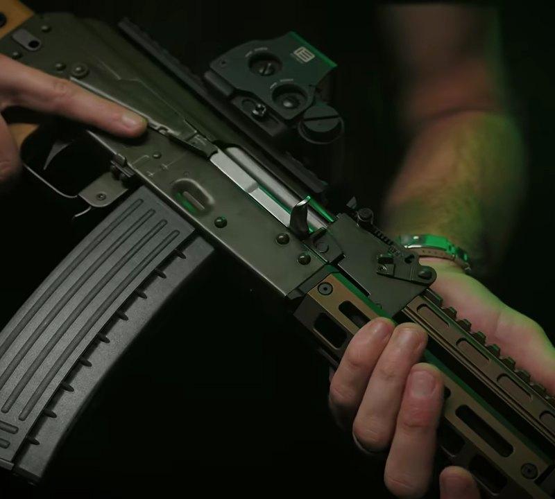 Bolt carrier and receiver of the PSA Sabre 5.56 AK with the dust cover removed