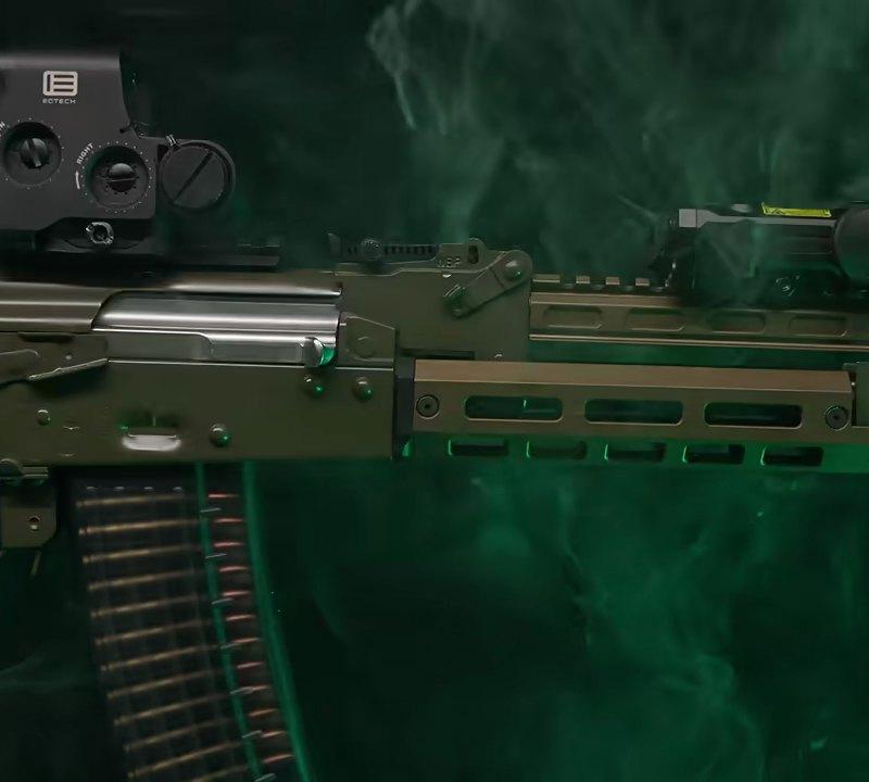 PSA Sabre 5.56 AK, left side, OD Green receiver and barrel, Burnt Bronze Soviet Arms handguard, translucent WBP 5.56 magazine